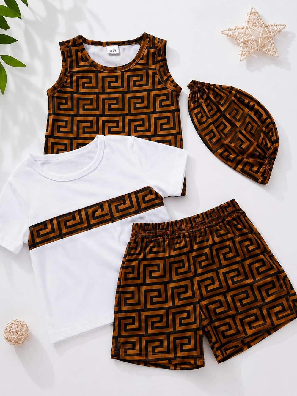 PatPat Brown and Black Geometric 4-Pieces  Kids Matching Set